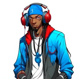 Arachno-Mix sports a captivating ensemble, featuring a black beanie atop his head, a redhood mask with a blue bandana covering the lower half of his face, and a unique mullet and ponytail hairstyle. White and blue headphones adorn his neck, complementing his medium-toned complexion. His suit is a striking fusion of William Braddock's top design and the PS4 Spider-Man's bottom, accentuated by deep blue accents, creating a visually dynamic and original character ready to swing into action.