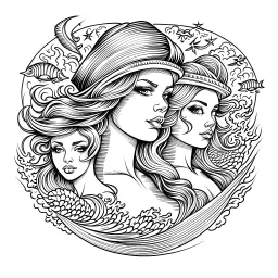 The beautiful sirens luring sailors to their doom., realistis tatto sketch style, white background, profesional tatto sketch.