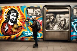 Jesus Christ is Writing the text using a spray can: KEBAB BROTHERS, KEBAB BROTHERS, KEBAB BROTHERS, KEBAB BROTHERS, KEBAB BROTHERS, KEBAB BROTHERS, everywhere in Graffiti text, in train station