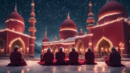 Hyper Realistic Photographic-View of few men praying outside a Huge-Beautifully-Crafted-Maroon-Mosque decorated with garland-lights & lamps between an island with ocean-water-waves & mountains around at snowfall-night with dramatic-&-cinematic-ambiance