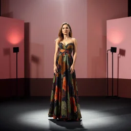 picture of lady with a maxi dress cifi stye design posing in a modern art stage