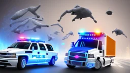 A police Tesla Cybertruck is chasing a Tesla 'Model S Plaid' at top speed, across the 'Jurassic Park' island. CINEMATIC. WIDE ANGLE LENS.