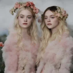 Elle fanning and dakota fanning , as flowers, in fur
