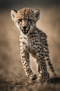 A captivating image of a attacking angry Cheetaah Cub in its natural habitat., poised on a vast field with a stark contrast between light and dark, conveys a powerful sense of tension. In this expertly captured photograph, the predatory animal stands tall, its muscular frame oozing strength and dominance. The sharpness of every detail accentuates the creature's primal aura, from its razor-sharp teeth and piercing eyes to its sleek, glossy fur. This mesmerizing image.