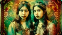 antique analog vintage, Two young Asian women with long dark hair and ornate headpieces against a colorful abstract background, stained vignette, highly detailed found footage, desaturated faded film, film skratches and dust