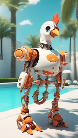 Generate a lively full-body image of a poolside chicken-robot confidently rocking a stylish summer swimsuit. Channel the latest fashion magazine trends for inspiration, emphasizing the character's enjoyment by the pool. Ensure vibrant details and colors that showcase the uniqueness of the outfit, creating a visually engaging scene suitable for a futuristic fashion magazine cover.