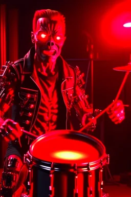 4k realistic terminator surrounded by flames playing hardrock drums