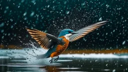 Kingfisher flying on a pond, water splashing around and sky blue theme and heavy rain and cooler temperature