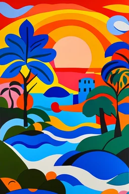 Sunset over south of France in the style of Matisse