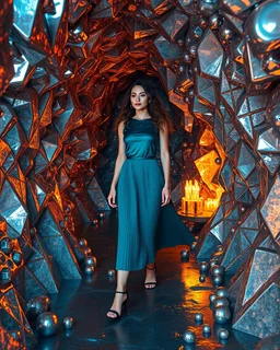 make a picture pretty cave made of crystal and metallic 3d fractal recursive cubic and sphere base structures and a beautiful fashion model lady with cute,with dark cyan decholte top and pretty pleated midi skirt,siver,curvy long hair,makeup, she walks in cave ,dynamic camera fallow her inside cave capturing full body, dynamic lights.