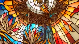 very large steel and glass shelter structure stylized after stained glass phoenix