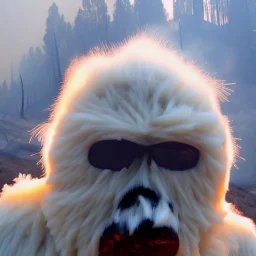 subject = (Yeti in a mask) * (burning yeti), background = (wildfires, flames, mountains, fires, smoke, disaster, burning)