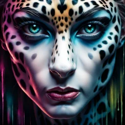 candy leopard, portrayed with the intricate facial features and extremely detailed pupils characteristic of Stefan Gesell's style, blended with the elongated forms and dramatic chiaroscuro reminiscent of El Greco, conveyed through a light painting technique with push processing, incorporating holographic elements for a dreamy, vibrant effect, soft skin texture, clarity achieved, supporting a perfect composition, cinematic atmosphere, delicate detail