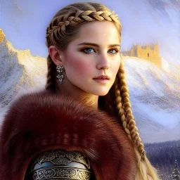 portrait beautiful face viking queen,braids,busty,,snow,castle,mountains,ancient leather armor, balanciaga fashion clothe painting by gaston bussiere, greg rutkowski, yoji shinkawa, yoshitaka amano, tsutomu nihei, donato giancola, tim hildebrandt, oil on canvas, cinematic composition, extreme detail,fit full head inside picture,16k