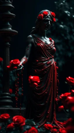 The statue of Justice, dripping with blood, wears a red blindfold. She carries a scale full of blood-red flowers, and poppies grow from underneath her and climb up the statue. Dark garden background. Dark garden background cinematic.