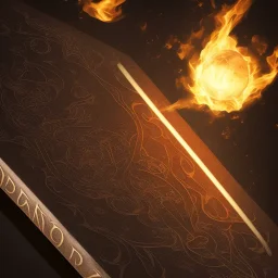 Magic Book papper shine. Meteorite falling in the background. Damascus steel. Fire. Dark element black.