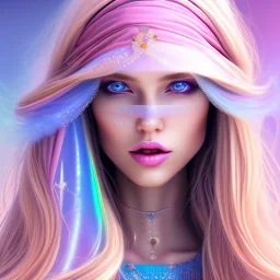 beautiful, soft, smiling face, whole head, long straight blonde hair blues eyes, crown on the head, clothing in transparent bluish and pink veil, background brillante bluish and pink, hight definition, 8K