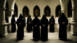 black robe hooded monks in the chapel