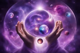 kundalini, connected to the universe, few colours of galaxy, holding galaxies in few hands in glass balls, purple colours, few more