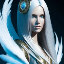 A beautiful portrait of a cute cyberpunk woman with long blond hair, high key lighting, volumetric light high details with white stripes and feathers and blue luminous celtic paterns and wings