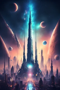Buenos Aire scity view in fantasy cyberpunk style with famous obelisc, starry celestial cosmic galaxy sky