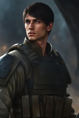 27 year old male with short dark hair and blue eyes, army combats, photorealistic, 4k, dark fantasy