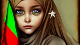 A girl wearing a Palestinian dress with tears in her eyes Her eye color is green Its color is brown Carrying the Palestinian flag