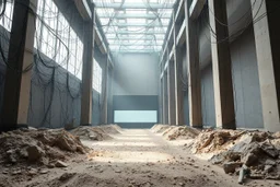 Photograph, a mass of wires, giant museum space, building, pillars, high walls, schermi di computer, high towers in a room, sediments, deflagration of the background, light, architecture, minimalist, details of the terrain very accentuated, 8k, deep 3d field, sharp, brutalist, hasselblad h6d400c --ar 85:128 --v 6.0