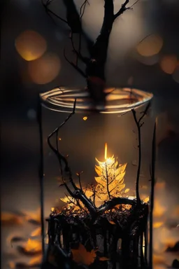 black westphalia stump with a bokeh frame of autumn leaves and twigs (((scale model photography))) candle-lit westphalia in double exposure ((((low iso, double exposure, ))