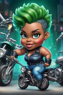 create an airbrush illustration of a chibi cartoon voluptuous black female wearing a blue jean outfit with biker boots. Prominent make up with hazel eyes. Extremely highly detail of a very low green pixie haircut. Background of a bike show.