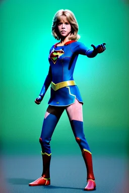 portrait, teenager, Jane Fonda, make-up, happy, satisfacer dildo advertising, Realistic image, 60s, supergirl, tights minimal dress, sweat, Color background, photo studio, concept art, smooth, unreal engine 5, god lights, ray tracing, RTX, lumen lighting, ultra detail, volumetric lighting, 3d, finely drawn, high definition, 4k.