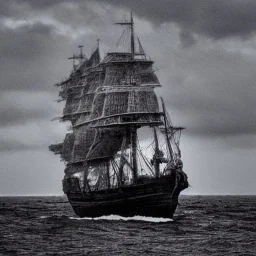 Ancient ship drifting on the ocean, dark deep azure extensive and tempestuous restless mighty alone mid placid immeasurable, boundless wide and tumultuous dusky mystic vast and moist