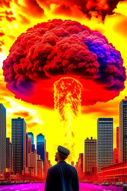 A volcano exploding over a New York City, inside the explosion flame a man’s face