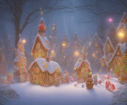 gingerbread candy village, colorful, fantasy, fairytale, intricate, forest, fireflies, flowers, halloween, christmas, hansel and gretel, bokeh, medium shot, visually stunning, depth of field 100mm ( cinematic scene, studio lighting, matte painting, concept art, trending on artstation, artgerm, cgsociety )