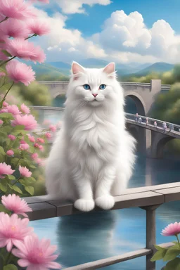 in the center: beautiful chunky fluffy white cat sitting on a bridge, under the brigde flows a small blue river; background: landscape; first plan: pink flowers; back ground: white clouds, butterflys flying in the sky