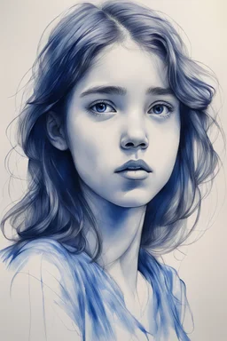 ball-pen sketch of a young girl portrayed at looking aside, blue and dark blue strokes for depth and outline, sharp details only the outlines of eyes ,nose, mouth, hair, and face, minimal line density