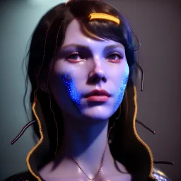 pretty british cyber woman, cold ambient, rain, fog, latex, cables, purpurin, black, gold, rings piercing, brown, decorative color feathers, circuits, neon style, a lot of led lights, fog, rain, vibrant color, highly detailed, art stations, concept art, smooth, unreal engine 5, god rays, ray tracing, RTX, lumen lighting, ultra detail, volumetric lighting, 3d, finely drawn, high definition, high resolution.