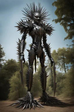 A sinister humanoid creature made entirely of sharpened metal blades and spikes stands before a mechanical tree Photograph.