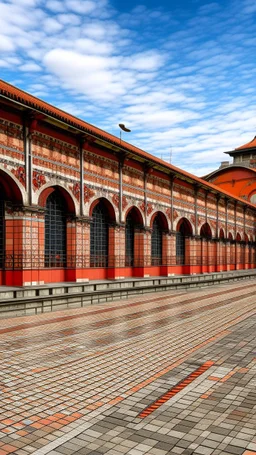 An orangish red industrial train station designed in ancient Roman mosaics painted by Henry Robert-Bresil