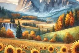 A field of Sunflowers. Beyond is a mountain range , with waterfall of autumn trees in water color.