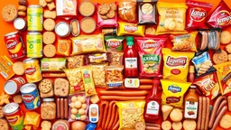 An image with the theme of orange, yellow, and bright red colors, filled with all kinds of drink cans, cakes, cookies, pasta packages, chips packages, puffs, sausages, sausages, mayonnaise, and ketchup arranged side by side in the middle of the picture.