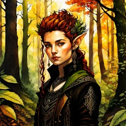 create an oil and watercolor full body portrait of a young, nomadic goth punk forest elf female fantasy art character, with highly detailed, sharply lined facial features, in the deep forest of Brokilon , finely inked, soft autumnal colors, 4k in the style of Maxfield Parrish