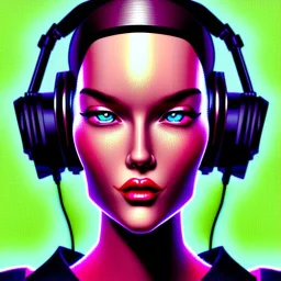 close-up of a female face with headphones in retro colors, synthwave style, 2d, digital, vector art