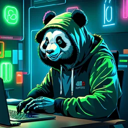 a portrait of a panda, hoodie, cyberpunk, neon lights, neon signs, hacker, laptop, desk, pink, green, orange, blue