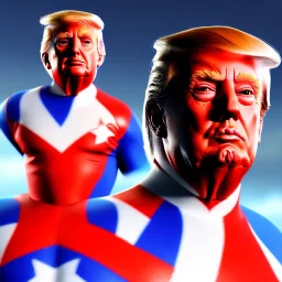 Realistic image of Donald trump super hero, retro style, watchmen style, red white blue colors, white stars, suspenders, latex material, 80s, vibrant color, highly detailed, sky background, concept art, unreal engine 5, god rays, ray tracing, RTX, lumen lighting, ultra detail, volumetric lighting, 3d, finely drawn, high definition, high resolution.