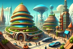 a highly developed futuristic european city with beautiful coffee shops and developed buildings, and happy people investing money