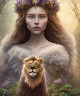 Young beautiful girl wearing floral crown next to a stunning lion on nature forest path, Chronicles of Narnia, 8k resolution, high-quality, fine-detail, iridescent, intricate, digital art, detailed matte, volumetric lighting, beautiful, illustration, 3D octane render, brian froud, howard lyon, selina french, anna dittmann, annie stokes, lisa parker, greg rutowski,