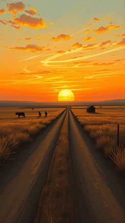 dirt road with sunset in the prairies, old western, painting based on grainy photo, orange brown tones