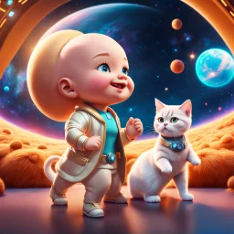 (masterpiece, best quality, 8k, RAW photo, beautiful and aesthetic:1.2), complex detail, Indirect light, photorealistic, (((full body))), 2 Cosmic Boss Baby style, bald boy and girl smiling, long curved blonde hair , with a ginger cat companion, colorfull Sci-Fi environment