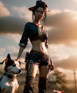 Ultra realistic, steampunk western party scene. Geisha Asian woman with dog man, waist up view, dancing, happy, color smoke, highly detailed, concept art, unreal engine 5, god rays, ray tracing, RTX, lumen lighting, ultra detail, volumetric lighting, 3d, finely drawn, high definition, high resolution.